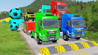 Double Flatbed Trailer Truck vs Speedbumps Train vs Cars  Tractor vs Train BeamngDrive 058 [upl. by Neelak73]