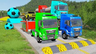 Double Flatbed Trailer Truck vs Speedbumps Train vs Cars  Tractor vs Train BeamngDrive 058 [upl. by Sturrock]