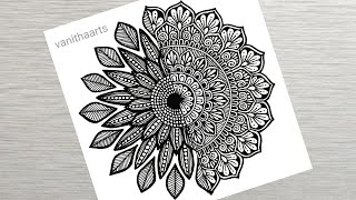 How to draw Mandala for Beginners  half flower with half mandala art  stepbystep  doodle art [upl. by Eniamrehs]