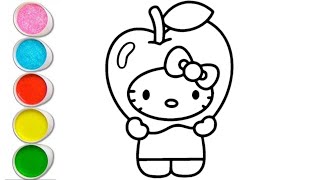 Apple Hello Kitty drawing and colouring for kids and toddlers  easy Apple shape Hello Kitty drawing [upl. by Rybma]