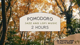 COZY FALL POMODORO  2 HOURS 255 X 4  LOFI JAZZ MUSIC Real autumn leaves falling [upl. by Tavi345]