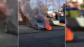 Tesla fire Model S bursts into flames twice in 1 day in Los Gatos California  ABC7 [upl. by Rosa]