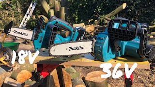 Makita 18V vs 36V Akku Kettensäge cordless chainsaw DUC 252 vs DUC 122 [upl. by Norrej]