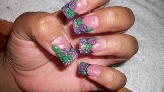 My Acrylic NailsPurple Glitter Fade With 3d Mini Roses [upl. by Gladis830]