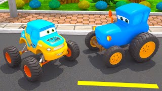 Obstacle Race Blue Tractor vs Monster Truck  Motorville  Car Cartoon for Kids [upl. by Anomahs199]