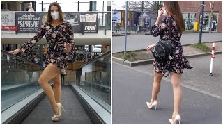 MINI DRESS STOCKINGS and HIGH HEELS  Walk in Public  Kats little world [upl. by Nathalia]