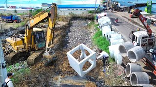 New Drainage System Construction Installing Reinforced Concrete Pipes On Dirt [upl. by Aicilram]