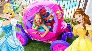 Disney Princess Carriage KIDS DRIVING IN THE BACKYARD Real Power Wheels Cinderellas Carriage [upl. by Oine711]