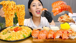 MUKBANG 크림너구리 연어초밥 맥주까지🦝🧡 최강조합 먹방 Spicy Cream Ramyun with Salmon sushi asmr real sound eating [upl. by Lette536]