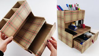 DIY  Desktop Organizer from Cardboard  Pen Holder Organizer  Paper Craft  Cardboard Craft [upl. by Cleary]