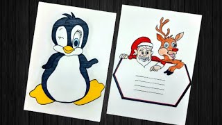 Border Design Ideas For Project For Front page  Penguin Border Design  Santa  Easy Border Design [upl. by Deloria659]