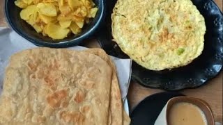 Breakfast withcrunchy square parathy allo ki bhujya omlete chye [upl. by Adnek]