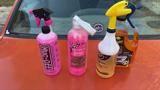 Mucoff Cleaner vs Finish Line Wash vs Car Wash Are Bike Wash Sprays Worth it [upl. by Enaywd]