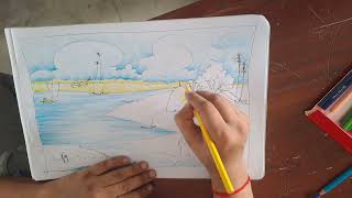 landscape drawing hand painting media colour pencil please subscribe our channel [upl. by Ziza]