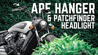 INSTALLING 10quot APE HANGER KIT and LED PATHFINDER HEADLIGHT Indian Scout Bobber [upl. by Dinin]