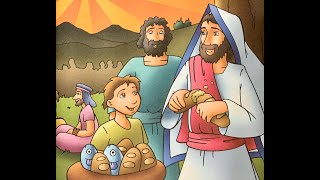 Jesus Feeds 5000 with Two Fish and Five Loaves of Bread Bible story for kids read aloud [upl. by Aimerej]