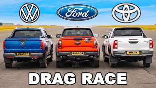 Ford Raptor v GR Toyota Hilux v VW Amarok DRAG RACE [upl. by Atiniuq]