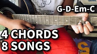 4 CHORDS  8 SONGS for Beginners  G D Em C  Easy Guitar Chords [upl. by Yssim]