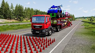 Double Flatbed Trailer Truck vs Speedbumps Train vs Cars  Tractor vs Train BeamngDrive [upl. by Nitsur973]