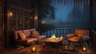 Cozy Balcony Lakeside with Smooth Jazz 🌨 Relaxing Rain Crackling Fire White Noise ASMR Sleep 4K [upl. by Stefanac]