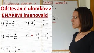 Računanje z ulomki ODŠTEVANJE ULOMKOV z enakimi imenovalci [upl. by Meletius]