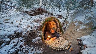 Building a Warm and Cozy Dugout for Survival Log Shelter Secret cave Winter Bushcraft [upl. by Goda]