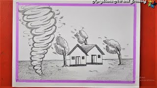 Tornado Scenery Drawing  Cyclone Scenery Easy Drawing [upl. by Nylireg562]