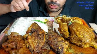 mutton liver masala whole chicken korma telapia fish fry huge rice salad eating show mukbang food [upl. by Daly]