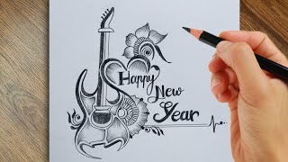 Best  Beautiful  Amazing drawing of happy new year with pencil  must watch [upl. by Lona391]