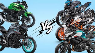 CF MOTO 450 NK VS Z400 VS KTM 390 DUKE VS ZONTES 350R1 VS MT 03 COMPARATIVA DE FICHAS TECNICAS [upl. by Neerbas511]