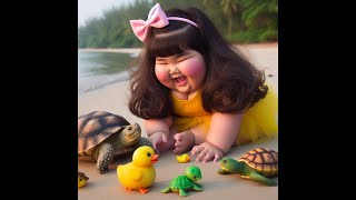 A Cute and Beautiful Fat Girl is Happy Playing With New Friends Turtles Duck Birds and Dog [upl. by Airalav]