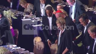 ALFRED E SMITH DINNER  OBAMA ROMNEY MEET [upl. by Acireh]