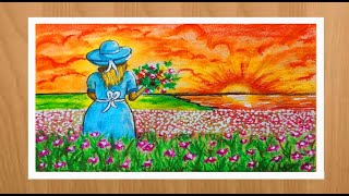 How to Draw a Beautiful Flower Garden Scenery  Flower Plucking Girl Step by step  Oil Pastel Art [upl. by Zenia]