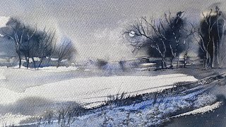 JUST 1 COLOR Paint Beginners WATERCOLOR MOONRISE Loose Watercolour Landscape PAINTING Tutorial DEMO [upl. by Koh61]