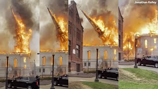 Video shows steeple of 160yearold Mass church collapsing in massive fire [upl. by Blynn]