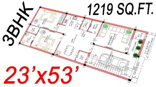 23x53 House Plan  1219 Sqft  West Facing House Plans  135 Gaj  23 by 53 ka Naksha  3BHKParking [upl. by Aerdma]