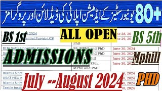 All Open Admissions in JulyAugust 2024  80 Universities Admission open in Ug5th MPhilPhD 2024 [upl. by Ednew]