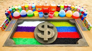 How to make US Dollar Logo with Cement amp Orbeez Rainbow Mixing Coca Cola Fanta Mirinda vs Mentos [upl. by Oirom845]