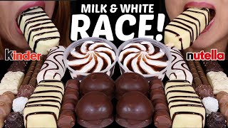 ASMR MILK amp WHITE CHOCOLATE RACE GIANT CHOCOLATE ICE CREAM BAR ZEBRA CAKE KINDER NUTELLA 먹방 [upl. by Atinrehs]