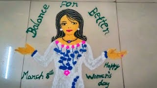 International Womens Day Balance for Better  Beautiful Girl Rangoli  Womens Day Rangoli [upl. by Bravin]