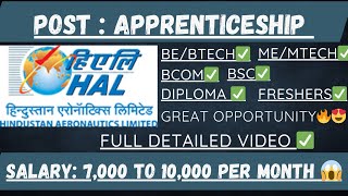 HAL APPRENTICESHIP RECRUITMENT🔥HINDUSTAN AERONAUTICAL LIMITED RECRUITMENT🔥daily job [upl. by Bendite]