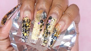 Acrylic Nails Tutorial  How To Encapsulated Nails with Nail Forms Black and Gold Glitter [upl. by Ahsenrat]