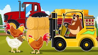 Farmer Bear Harvesting Straw for Chickens Trucks Forklifts Cranes Vehicles Farm Animated [upl. by Arihat]