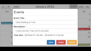 Part 2  CRUD operation on fullcalender with angularJS [upl. by Cedar]