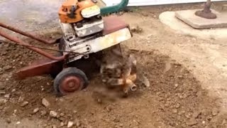 1973 Briggs and Stratton 35 hp rototiller working up hard soil with rocks [upl. by Anderer]