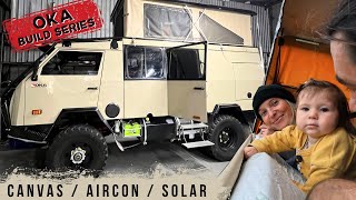 OKA TRUCK BUILD SERIES EP3  Poptop Canvas Install Solar and Dometic Aircon Install [upl. by Iphagenia135]