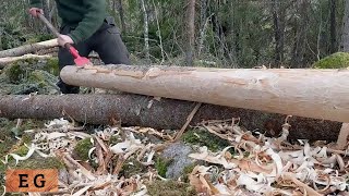 Debarking Logs with Bark Spade and Drawknife  20   One Man Traditional Log Cabin series [upl. by Ilrebmik]