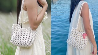 Crochet Net Bag 🤍 Cách móc túi lưới đeo vai bằng sợi vải đơn giản [upl. by Ahsemot]