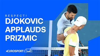 Djokovic applauds 18yearold star Prižmić after gruelling fourset match 👏  Australian Open 2024 [upl. by Idyh]