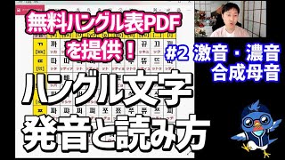 ハングル表で韓国語50音 文字 の発音と読み方 2 激音・濃音・合成母音｜PDF付き [upl. by Onitsuaf]